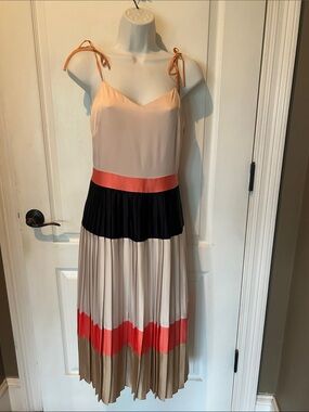 Ann Taylor Colorblock Pleated Tie-Shoulder Midi Dress in Pink, Black, Coral, Tan